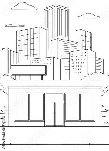 Shop exterior store graphic black white sketch illustration vertical vector 