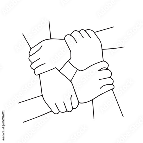Four hands holding wrists in a linked square, a line art drawing symbolizing teamwork, unity, and collaboration. Vector icon for business support and partnership concepts.
