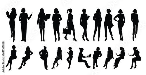 set of silhouettes business woman working on laptop computer, walking with hand bag, sit with working.