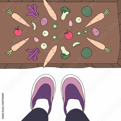 Top view of person standing with fresh vegetables scattered on ground
