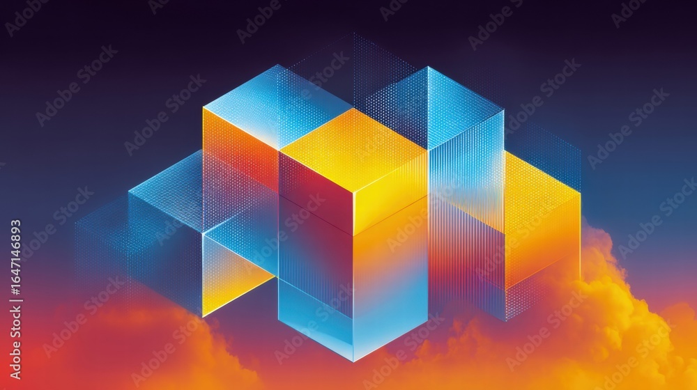 Obraz premium Vibrant abstract composition featuring geometric cubes with gradient colors and cloud-like background.