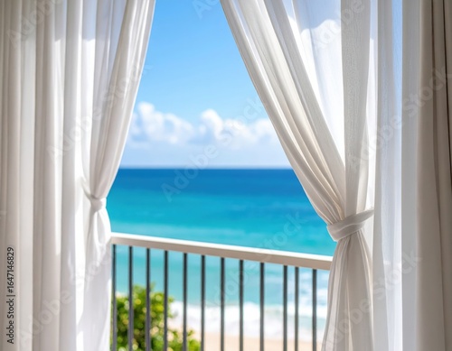 Ocean View Through White Curtains On Balcony