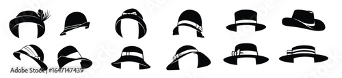 woman hats set black and white clipart's isolated on white