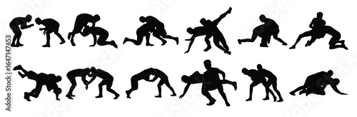 wrestling sport silhouettes illustration set