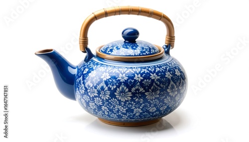 Blue and white ceramic teapot with bamboo handle