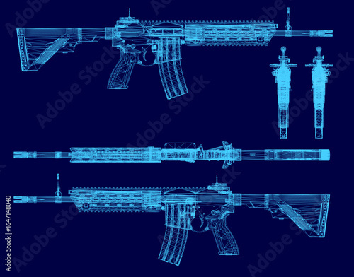 Blueprint of an rifle with detailed wireframe design highlighting the barrel, muzzle, and stock. The white schematic contrasts sharply against the solid blue background.