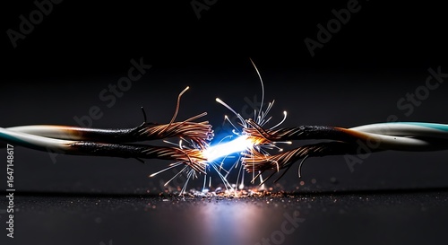 Electrifying disconnect high voltage arc between stripped electrical wires closeup