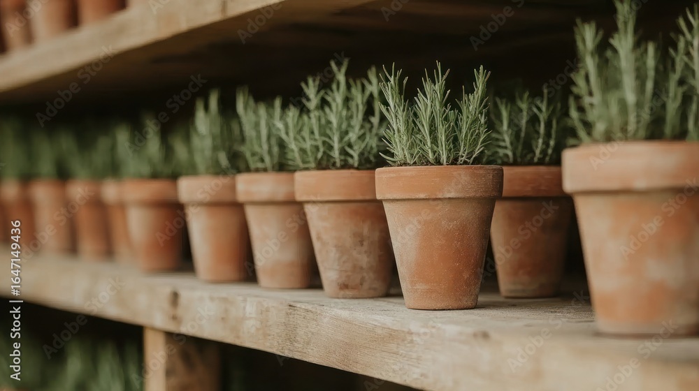 Rustic charm of rosemary seedlings in terracotta pots adorning wooden shelves Rustic charm of rosemary seedlings in terracotta pots adorning wooden shelves