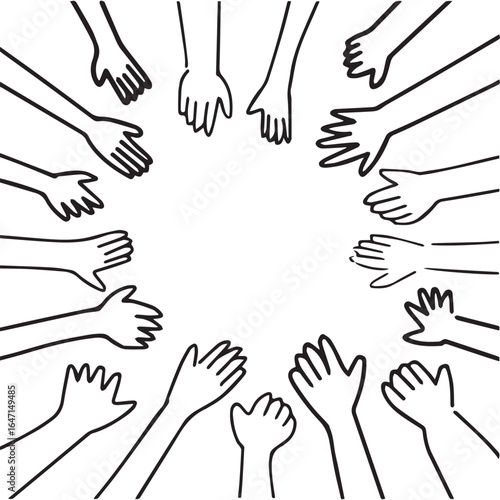 Line art drawing of many hands reaching together in a circle, creating a frame. A concept for community, volunteering, teamwork, and support. Doodle vector illustration.

