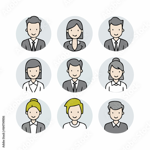 Minimalist vector icon set of office and corporate professions such as businessman, businesswoman, manager, secretary, employee, and team leader, in flat line art style.