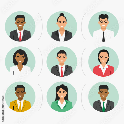 Minimalist vector icon set of office and corporate professions such as businessman, businesswoman, manager, secretary, employee, and team leader, in flat line art style.