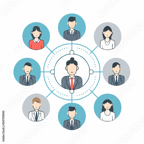 Minimalist vector icon set of office and corporate professions such as businessman, businesswoman, manager, secretary, employee, and team leader, in flat line art style.