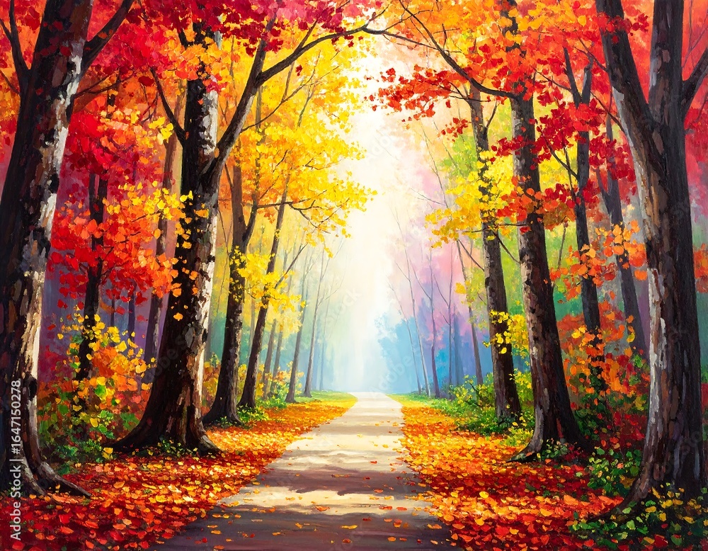 Naklejka premium Autumn forest path bathed in sunlight