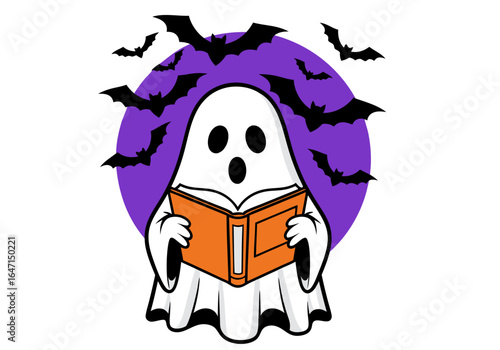 A cute cartoon ghost reads a spooky story book under a purple moon as a swarm of bats flies overhead. Vector Halloween night illustration.