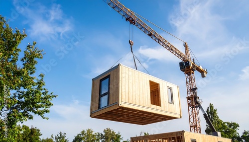 Crane lifting prefabricated wooden house