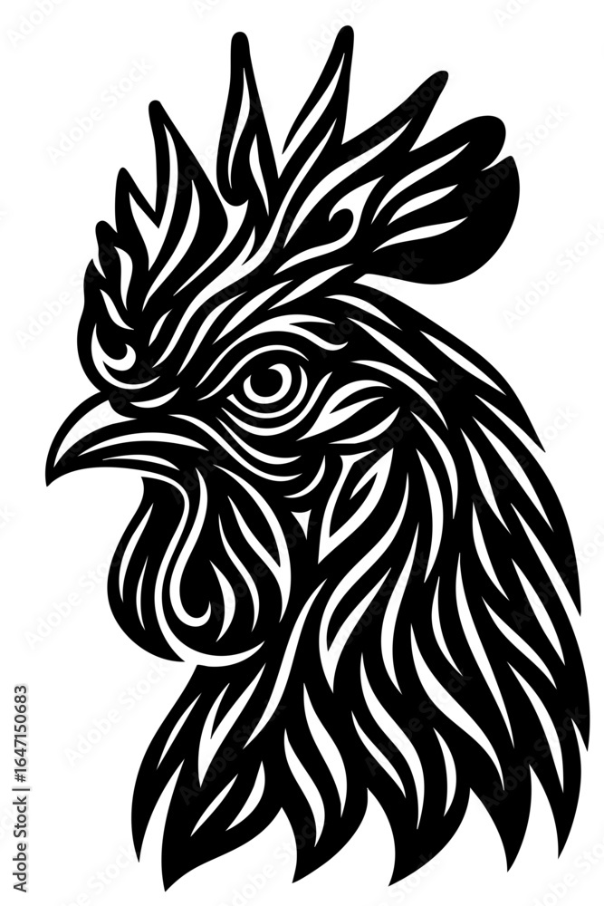 Obraz premium Tribal Rooster Head Vector Illustration – Ornamental Chicken Black and White Tattoo Design