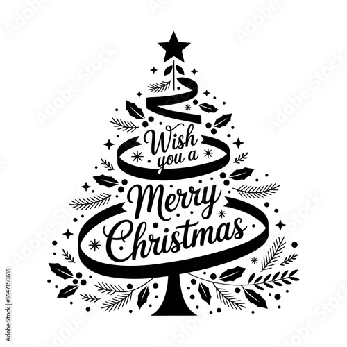 Merry christmas typographic tree, monochrome ornament details, holiday wall art, seasonal poster design, vector illustration