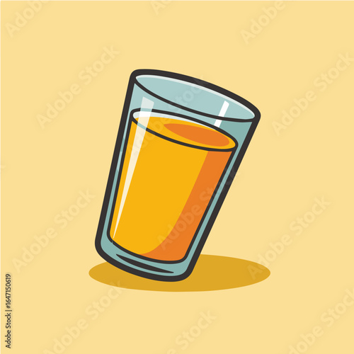 Illustration of a glass filled with orange liquid on a yellow background with a small shadow casted