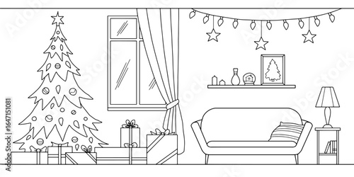 Christmas living room graphic black white interior sketch illustration vector
