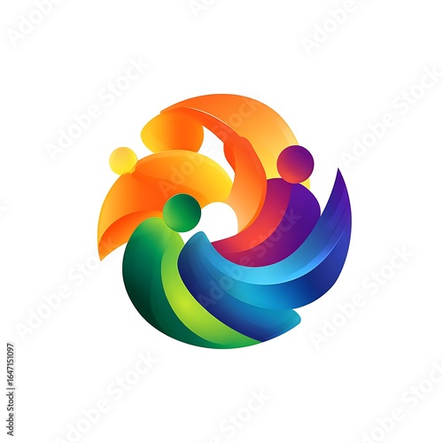 Colorful abstract circular logo with stylized human figures representing unity and teamwork isolated on white background