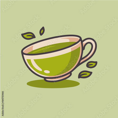 A cartoon cup filled with green liquid and floating leaves on a light green background illustration