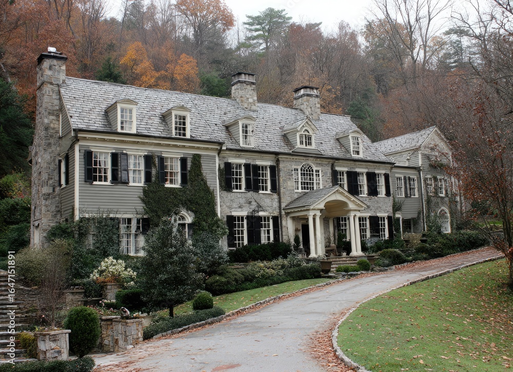 Fototapeta premium Large stone house with a long driveway