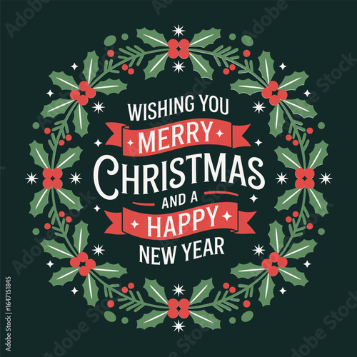 Merry Christmas wreath frame, holly leaves and berries with bow, elegant holiday greeting vector, seasonal card template