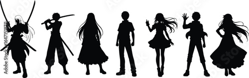 Silhouette characters, warrior poses, fantasy figures, sword fighters, anime style, dramatic stance, costume design, concept art, mysterious shadows, illustration pack