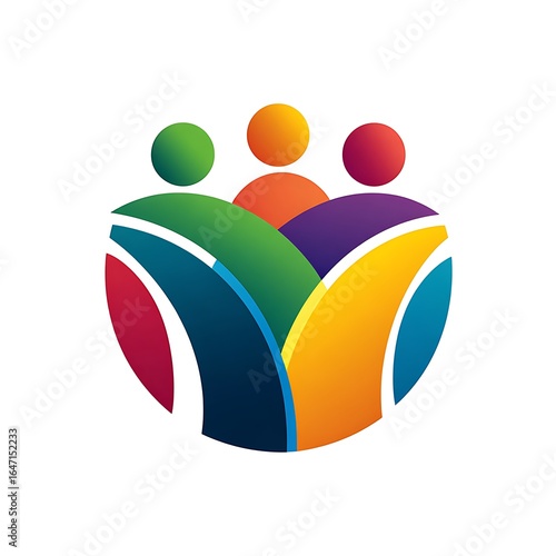 Colorful abstract logo representing teamwork and community with three stylized figures connected together isolated on white background