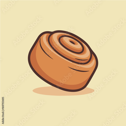 A cartoon illustration of a cinnamon roll with a brown outline on a light yellow background color