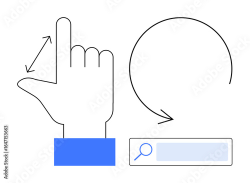 Hand gesture showcasing navigation and circular motion, paired with a search bar. Ideal for UX design, user interface, touch screen interaction, gesture control, digital experience, search