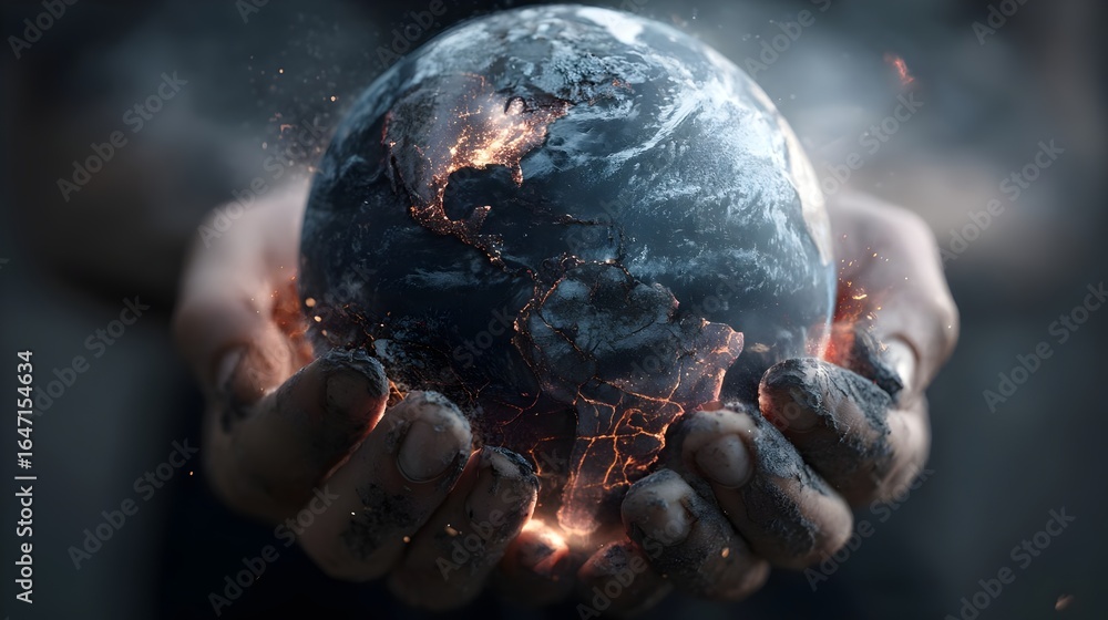 Obraz premium Cracked Earth in human hands with smoke, dramatic background. Concept : Climate change, environmental responsibility, global warming, sustainability, ecological crisis.