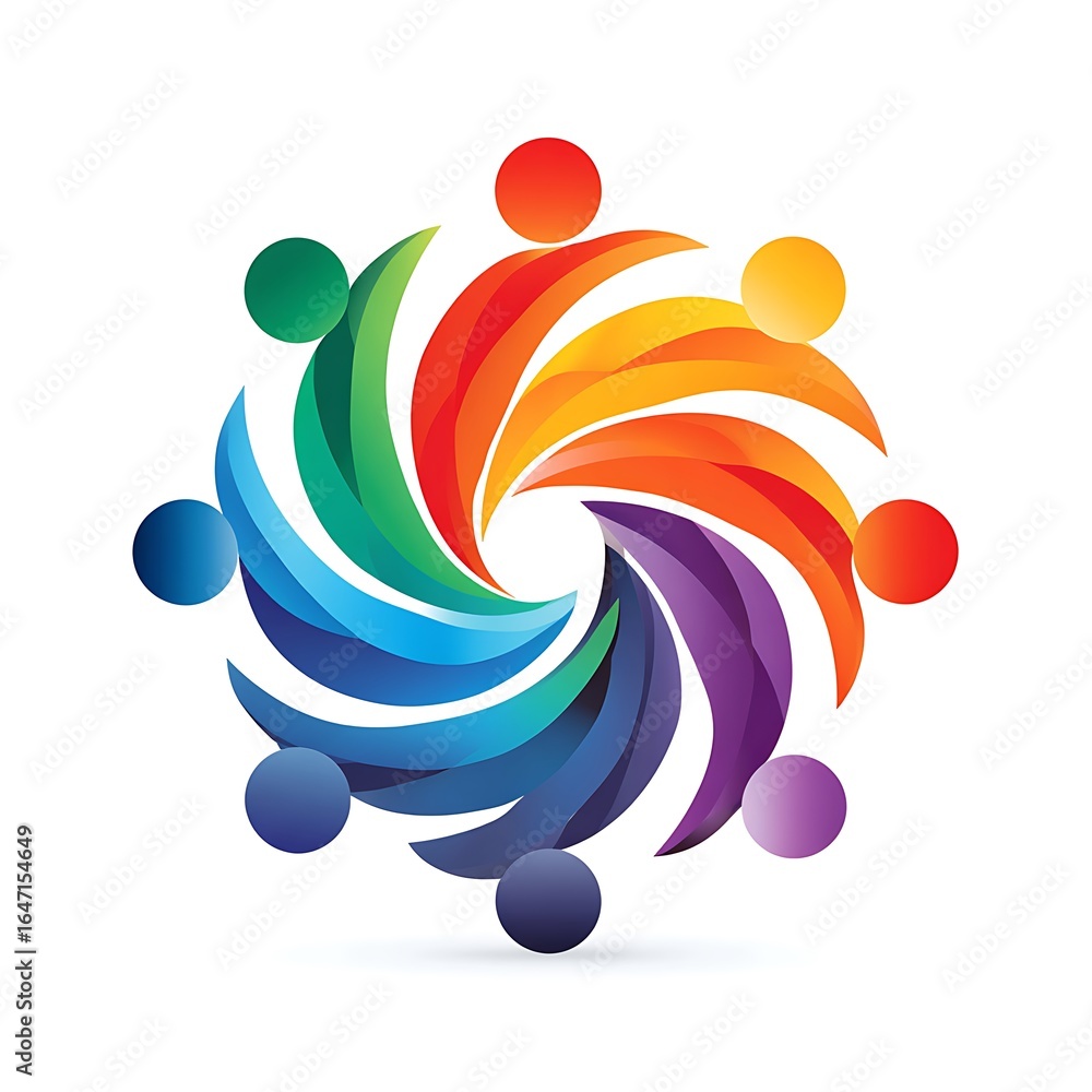 Obraz premium Colorful abstract circular group of people holding hands forming a team unity symbol isolated on white background