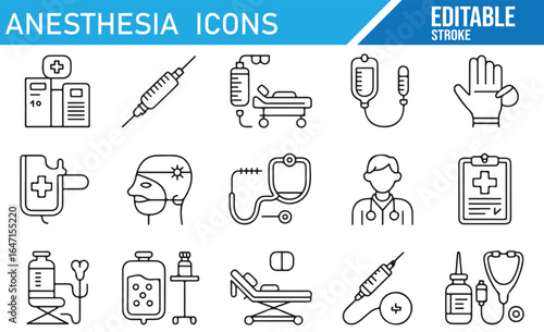 Anesthesia equipment and patient care icons for medical use