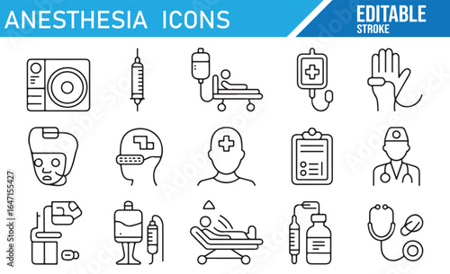 Anesthesia icons depicting equipment, anesthesia administration, monitoring, and patient care in medical settings