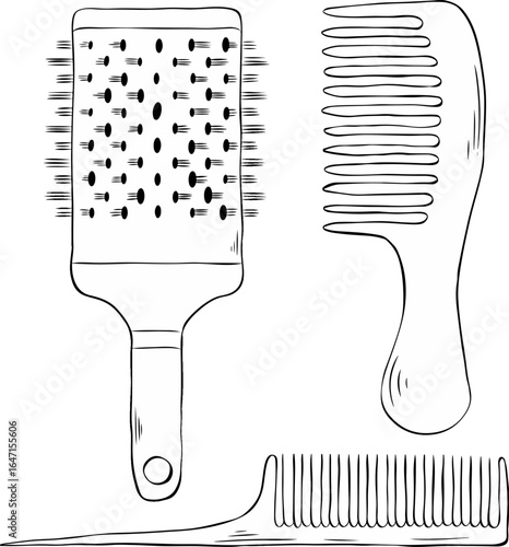 Set of combs. Black silhouettes of various combs on a white background. Haircut barber isolated items set. Vector graphic line ink illustration. Design for package, cosmetic, textile, cards.