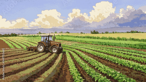 Field Work A red tractor is plowing the field isolated watercolor vector illustration svg