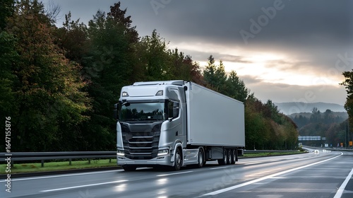 A large commercial truck driving on a highway through a forested landscape