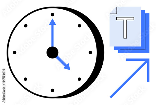 Analog clock with blue arrows beside stacked documents and a text block. Ideal for time management, planning, productivity, scheduling, workflow organization, efficiency, simple landing page