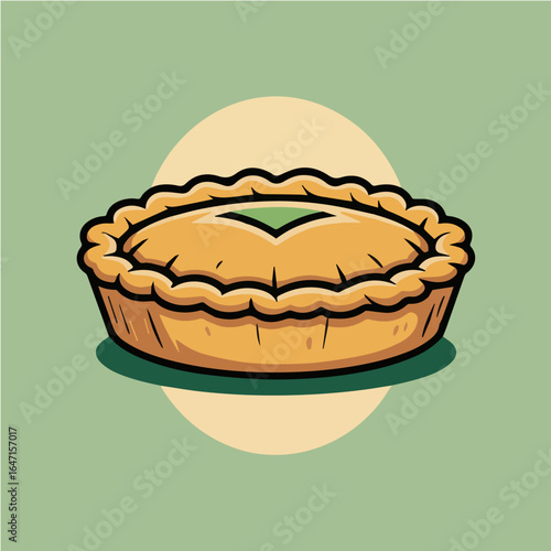 Cartoon illustration of a golden brown pie with a decorative crust on a light green background
