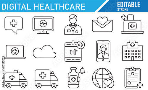 Vector icons of medical technologies and healthcare systems