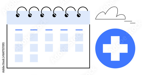 Calendar with spiral binding and grid layout alongside blue medical cross and cloud accent. Ideal for planning, health management, scheduling, deadlines, productivity, medical services, simple flat