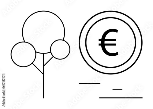 Simple tree alongside euro sign conveys themes of eco-finance, sustainability, and green investment. Ideal for ecology, economics, finance, sustainability, environmental savings, green programs