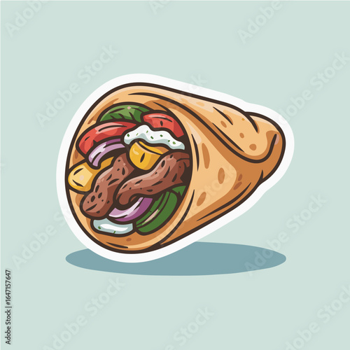 Illustration of a delicious looking shawarma wrap with meat and fresh vegetables inside it on light blue
