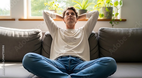 Peaceful man Enjoying a Moment of Serene Relaxation on a Sofa in a Sunlit Room, Healthy life style, good vibes people and new home concept