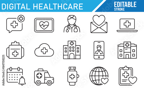 Digital healthcare icons featuring telemedicine, online prescriptions, medical services, and emergency care in a modern healthcare environment