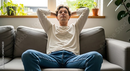 Peaceful man Enjoying a Moment of Serene Relaxation on a Sofa in a Sunlit Room, Healthy life style, good vibes people and new home concept