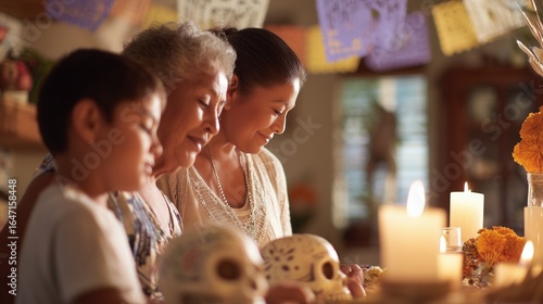 A small family consisting of a mother, grandmother, and son are in front of a Day of the Dead offering, with decorative features such as candles and skulls blurred around them.