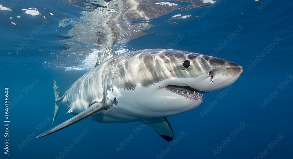 Fototapeta premium Great White Shark Swimming Underwater in Blue Ocean with Bright Light
