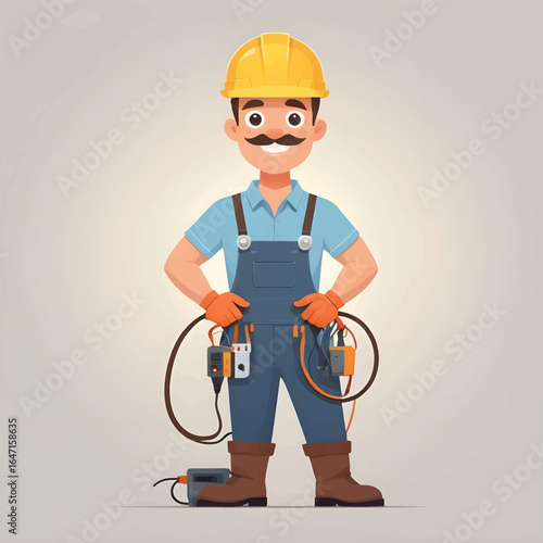 Adorable Flat Style Cartoon Electrician with Mustache